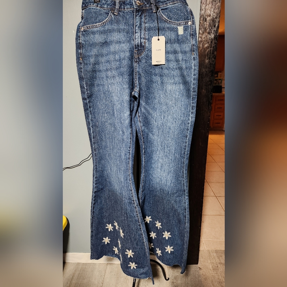 Forever High Waist Flare Leg Blue Jeans with Daisy Embroidery
